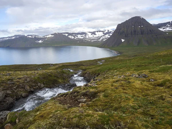 北の夏の風景 美しい雪に覆われた崖 Alfsfell 野生の Hloduvik コーブの海水ストリーム 緑の草原 雲ホットンストランディル西フィヨルド アイスランドで — ストック写真