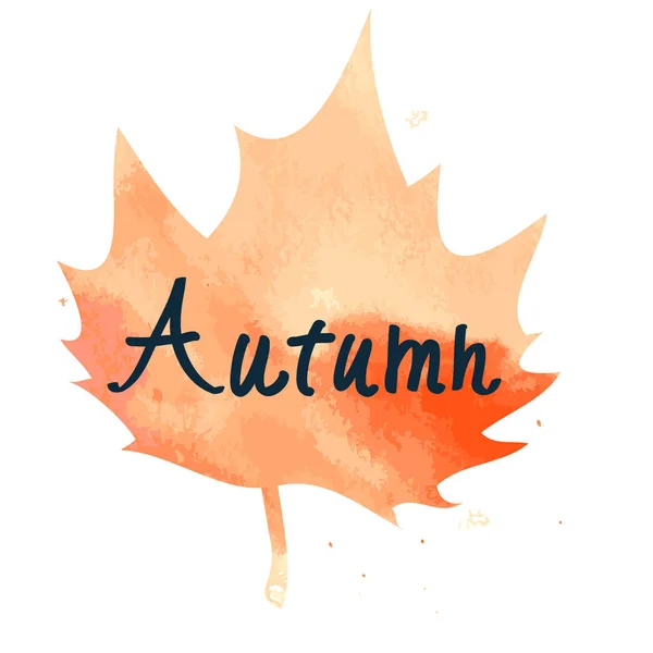 Orange maple leaf with hand written sign Autumn on vector waterc — Stock Vector