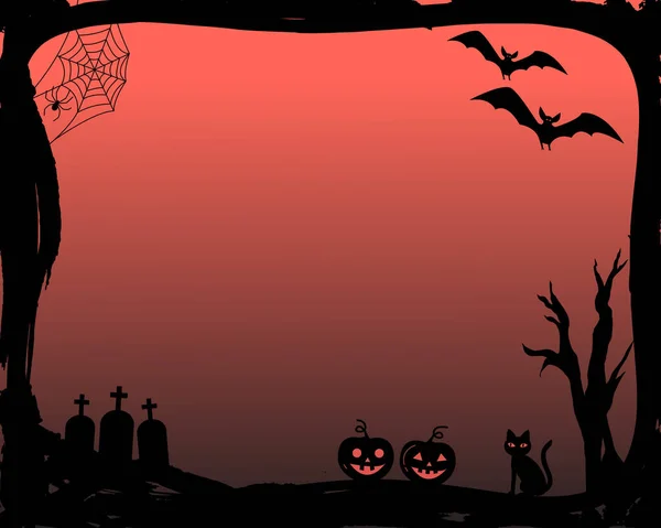 Uitnodiging voor Halloween feest in vector frame met silhouetten van vleermuizen, kat, pompoen, graven, spinnenweb en dode boom op rode achtergrond, kopie ruimte — Stockvector