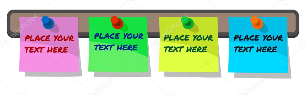 Pinned Paper Notes, Labels post-it note on cork board, blue, pink, yellow and green with sample text with permanent markers isolated on white, simple vector