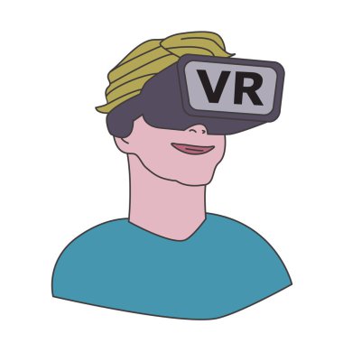 mutlu genç adam veya Vr, sanal gerçeklik makara, karikatür tarzı renk vektör simge giyen çocuk 
