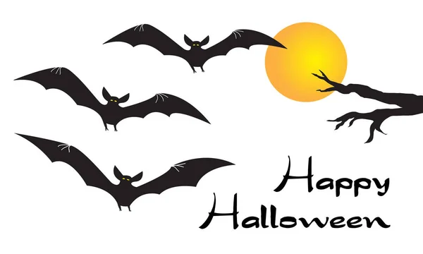 Felice Carta Halloween Con Spaventosi Pipistrelli Vampiro Volante Luna Gialla — Vettoriale Stock