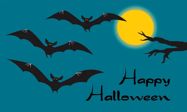 Felice Carta Halloween Con Spaventosi Pipistrelli Vampiro Volante Luna Gialla — Vettoriale Stock