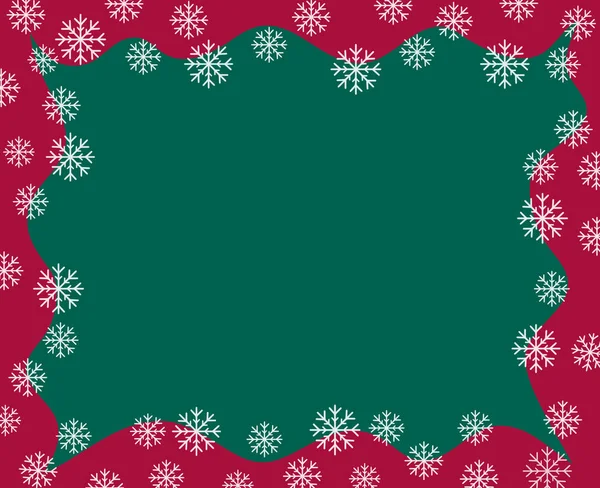 単純なベクトル クリスマス赤を振った枠濃い緑色の背景に雪の結晶で覆われて — ストックベクタ
