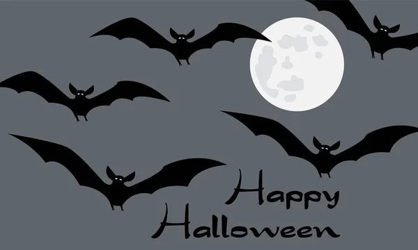 快乐的万圣节贺卡与可怕的黑白飞吸血鬼蝙蝠群 满月灰色背景和书法 简单平面卡通矢量插图 — 图库矢量图片#
