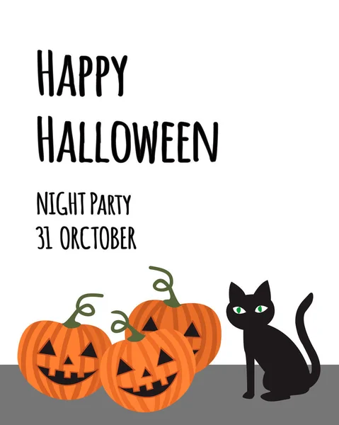 Mutlu Cadılar Bayramı partisi davetiyesi kartı için tatil. Kara kedi, basit düz çizgi film vektör ile üç kabak — Stok Vektör