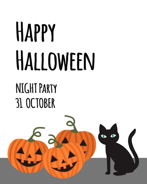 Mutlu Cadılar Bayramı partisi davetiyesi kartı için tatil. Kara kedi, basit düz çizgi film vektör ile üç kabak — Stok Vektör