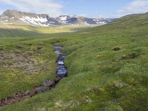 Paisaje Verano Del Norte Hermosos Acantilados Cubiertos Nieve Montaña Cala —  Fotos de Stock