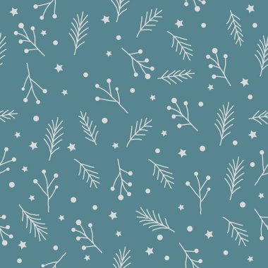 Beyaz köknar dalları, böğürtlenler, ladin ağacı filizi yıldızları ve mavi arka planda daireler, vektör retro tarzı