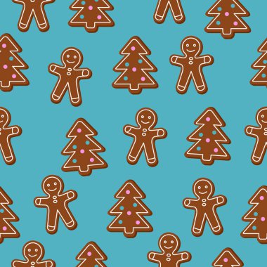 Noel seamless modeli. Kahverengi zencefilli kurabiye adam ve mavi arka plan üzerinde Noel ağacı kurabiyeler. Kaydırma kağıt, baskı, scrapbooking, basit karikatür vektör grafik tasarım öğesi