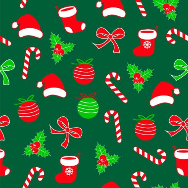Simge simge seti, lolipop şeker, Noel top, Noel Baba çorap ve şapka, yay ile Seamless Noel modeli şeridi, holly Karpuzu, kırmızı, beyaz ve yeşil backgorund. Şirin basit düz vektör çizim, grafik tasarım öğesi kağıt ambalaj için.
