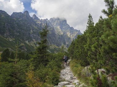Slovakya, yüksek Tatra mountain, 13 Eylül 2018: Slovakya, yüksek tatra Dağları, güzel doğa iz, hiking genç erkekler turizm yaz güneşli gün.
