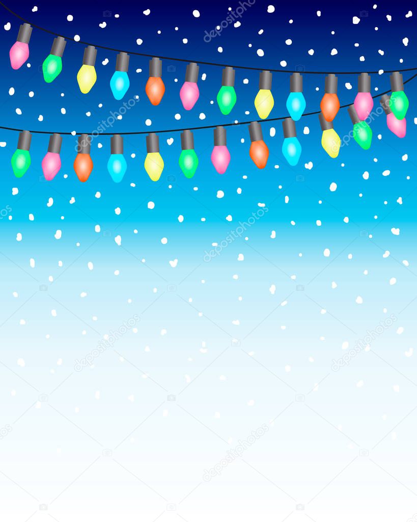 Christmas and New Year Background with Garland eletric bulb Lights and Falling Snow balls on blue white gradien background. EPS10 Vector Illustration.