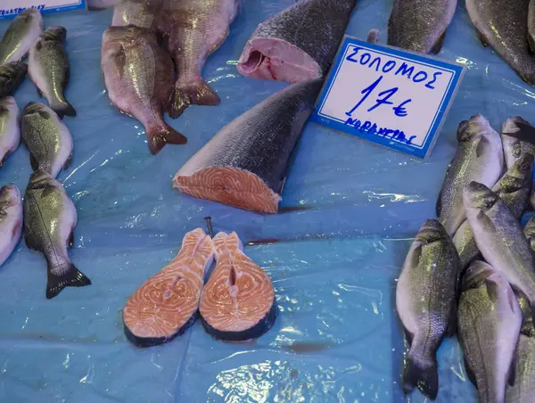 Traditional Fish Market Corfu Town Kerkyra Greece Fresh Salmon Different — Stock Photo, Image