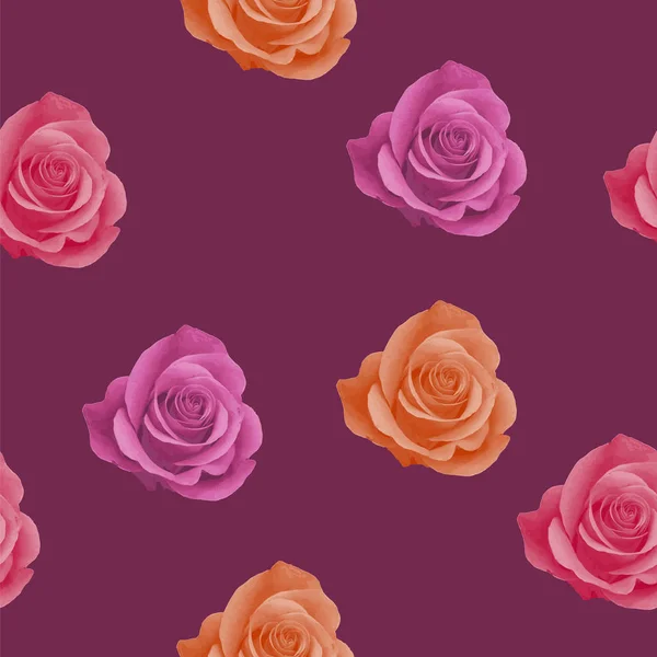 Naadloze patroon met realistische roze, oranje en rode rozen op rode wijn kleur achtergrond. Elegant ontwerp voor behang, bruiloft uitnodigingen, wenskaarten, scrapbook, textiel afdrukken. Vector — Stockvector