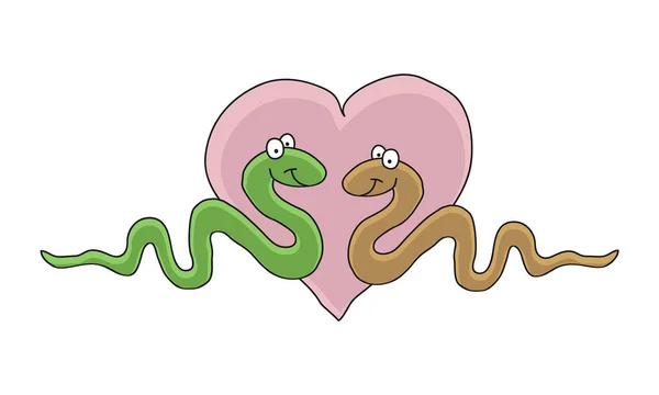 Карикатурная иллюстрация двух симпатичных влюбленных женщин, улыбающихся зелёных и коричневых змей с розовым сердцем, нарисованных вручную — стоковый вектор