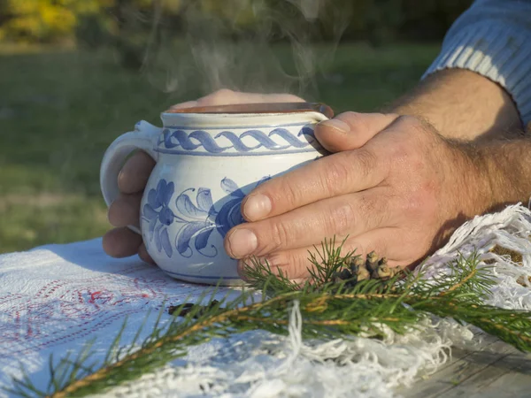 素朴な白青茶をホット喫煙男性の持株の手を閉じる塗装セラミック カップ、白いテーブル クロス、緑の松の枝、コーン、クローブのスパイス、緑の背景、黄金の光。冬時間 — ストック写真