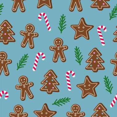 Noel seamless modeli. Kahverengi zencefilli kurabiye adam ve Noel ağacı ve lolipop şeker kamışı ve yeşil çam ağacı dal üzerinde mavi arka plan ile yıldız kurabiyeler. Kaydırma kağıt, baskı, scrapbooking, basit karikatür vektör grafik tasarım öğesi
