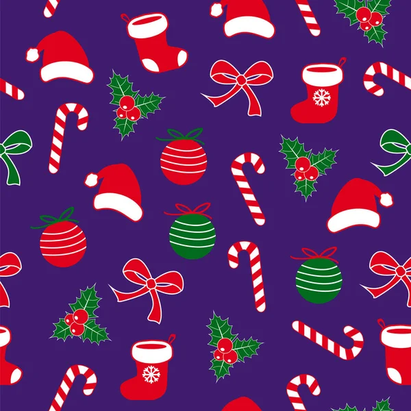 Безшовний Різдвяний Візерунок Цукерками Льодяника Різдвяним Ячем Шкарпетками Санта Клауса — стоковий вектор