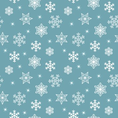 Çeşitli beyaz kar ile Seamless Noel modeli pul ve vintage mavi Noel renkli topları yıldız. Ambalaj Kağıt, baskı, scrapbooking, vektör eps10 için basit retro tarzı tasarım.