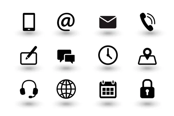 Temas bizi ve web communacation Icons set. Gölgeler beyaz zemin üzerine izole basit düz siyah vektör simgeler koleksiyonu. Vektör eps10