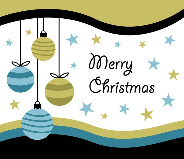 圣诞快乐新年 贺卡设计与四个挂圣诞球的小球在简单的平坦复古风格与蓝色和米色的尖峰 星星和黑色快乐的圣诞书法 波浪框 矢量表10插图 — 图库矢量图片