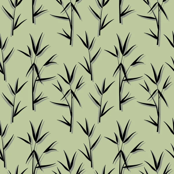 Modello senza cuciture con foglie di bambù nero e rami di germogli in stile giapponese, sfondo verde. Illustrazione dei passaggi vettoriali 10 — Vettoriale Stock