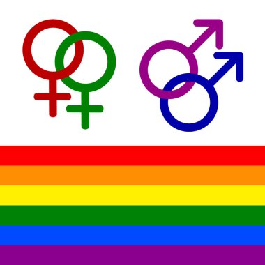 Renkli Lezbiyen, gay, biseksüel ve transseksüel Lgbt hakları simgeler. Kadın ve erkek eşcinsellik sembolü ile gökkuşağı bayrağı, vektör eps10