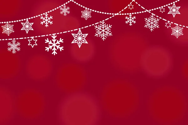 크리스마스 인사말 카드 디자인 화이트 매달려에서 테두리와 다양 한 눈송이 별 간단한 평면 복고 스타일 bokeh 빛 붉은 배경에 체인에. 프레임에 대 한 눈 요소는 — 스톡 벡터