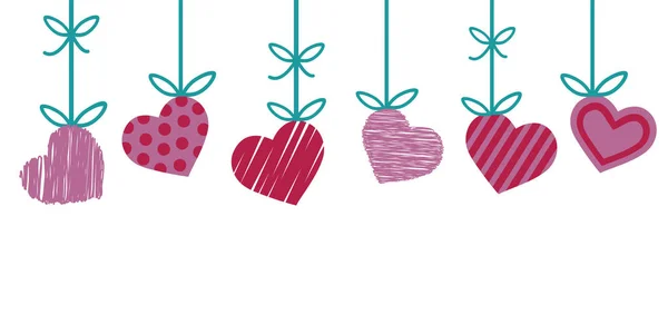 Valentinstag-Bordüre für Grußkarte mit rotem und rosa Herz mit Streifen und Punkten, die an einem grünen Band auf weißem Hintergrund hängen, fröhlicher Valentinstag niedlich Vektor-Illustration. — Stockvektor