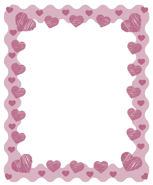 Pink zig zag frame border with red pink hearts and place for greeting card text for valentines day, wedding, brithday or romance. Vintage retro style vectoreps 10 illustration — Stock Vector