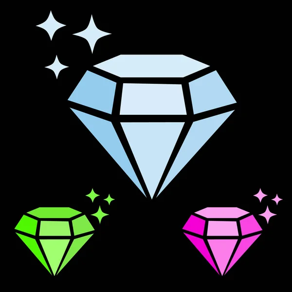 Conjunto de jóia jóia ícone diamante azul, rubi rosa e verde esmeralda vetor simples com brilhos, fundo preto, conceito de luxo —  Vetores de Stock