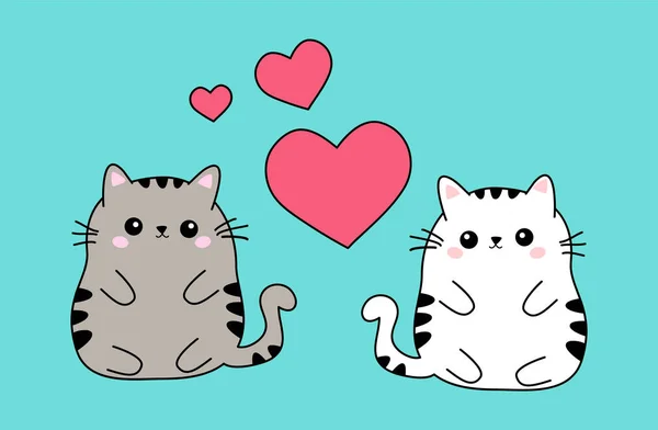 Két aranyos kövér fehér és bézs színű macska pár a szerelem, anime kawaii stílusban elszigetelt kék háttér. Valentin-nap koncepció vagy hangulatjel matricák. Vektoros eps10e illusztráció — Stock Vector