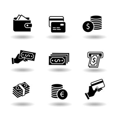Para ve ödeme katı siyah vektör Icon set. Euro ve dolar para, Döviz, kredi kartı, ödeme kartı, atm, kağıt para, yatırım, nakit ödeme ve m-cüzdan. İş finansal ticaret sembollerin