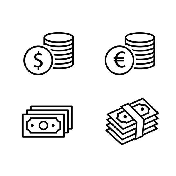 Cash paper money stack and dollar and euro coin black outline icon set with shadow. Business financial pictograms. Vector eps10 Illustration — Stock Vector