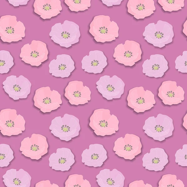 Nahtloses Blumenmuster mit rosa und lila Wildrosen blühen, Vintage-Retro-Stil mit Schatten isoliert auf rosa Hintergrund, Vektor eps10 Illustration — Stockvektor