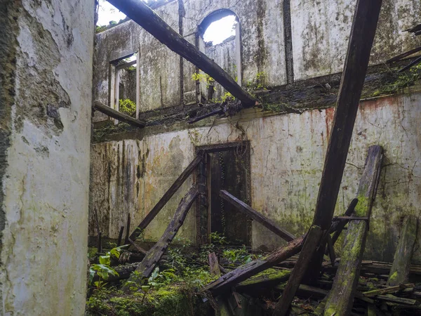 Abonada ruina de villa histórica casa en bosque tropical en sendero sendero sendero cerca de Furnas, isla de Sao Miguel, Azores, Portugal — Foto de Stock