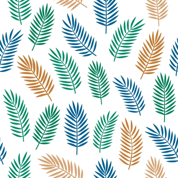 Helle bunte nahtlose dekorative Muster mit orange blauen und grünen tropischen Palmenblättern auf weißem Hintergrund. Vektor eps10 Hintergrund im flachen funky Stil. — Stockvektor