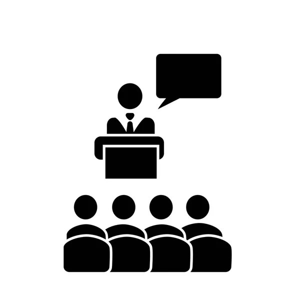 Speaker with audience and speech bubble vector icon in flat solid black style. Podium conference presentation sign. Speaker on the pedestal. Tribune orator concept of Business meeting, discussion or