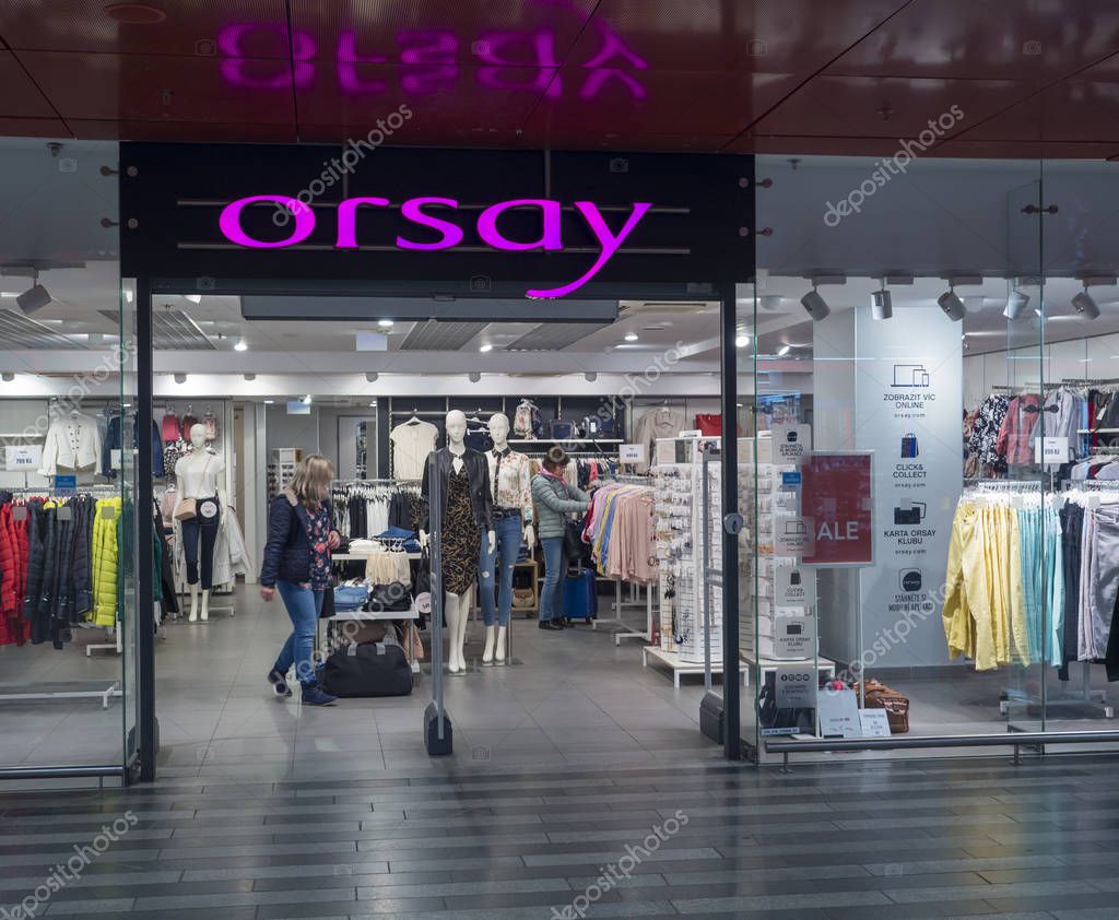 Prague, Czech Republic, March 23, 2019: Entrance to a Orsay clothing store front in Prague main railway station shopping mall.
