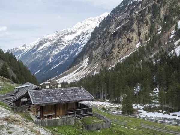 Chalet en bois alpin près de GRAWA Glacier Waterfall situé dans la vallée de Stubai, Tyrol, Autriche. Printemps rivière de montagne et arbres paysage environnement naturel. Randonnée dans les Alpes . — Photo