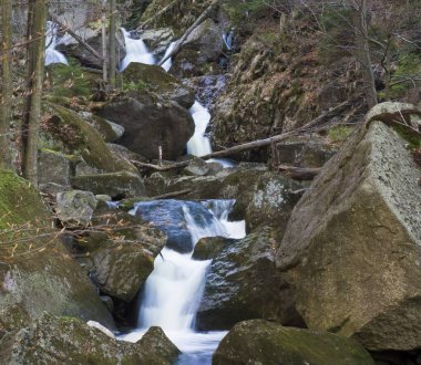 Jizerske hory uzun pozlama waterfal çağlayan, Jizera dağ, Çek Cumhuriyeti Cerny Stolpich siyah dere üzerinde orman, yeşil yosunlu taşlar, eğrelti otları ve ağaçlar