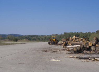 Çek Cumhuriyeti, Ralsko, Nisan 26, 2019: Sarı traktör ve ahşap yığınları ile eski askeri eğitim aralığında Sovyet ordusu havaalanı, tahtalar ve tahta. kereste fabrikası olarak hizmet veren beton alan