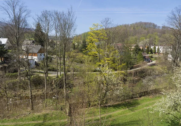 春のコテージと小川のある村ヘジニスの眺め, ハイニス, ジゼラ山, チェコ共和国 — ストック写真