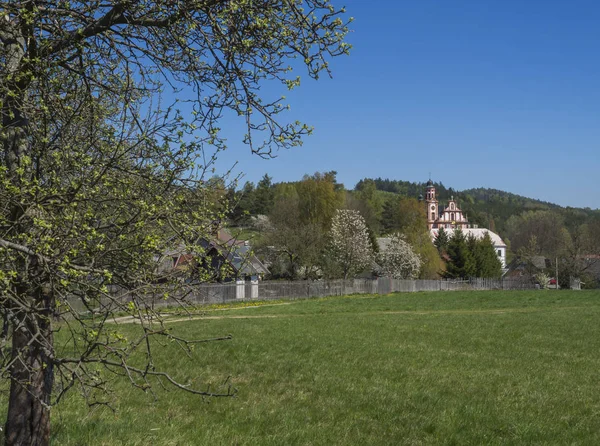 Vårlandskap med utsikt över byn Marenice med berömd barock kyrka i Lusitian berg med frodig grön gräs äng, lövfällande och Gran träd skog och kullar, blå himmel bakgrund — Stockfoto