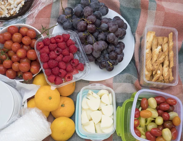 Picnic table, food served outdoors on the fabric picnic cloth. Close up, top view. Fresh vegetables and fruits, grapes, orange, raspberry, cheese sticks, cookies and cake for dessert. — Stock Photo, Image