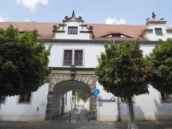 Zittau, Sajonia, Alemania, 11 de julio de 2019: Palacio en el casco antiguo histórico de Zittau Día soleado de verano, fondo azul del cielo — Foto de Stock