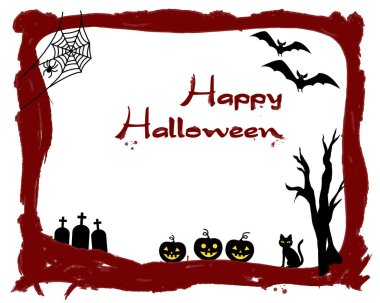 Parti daveti için Ürkütücü Cadılar Bayramı tebrik kartı. Yarasaların siluetleri, kedi, balkabağı, mezarlar, örümcek ağı ve beyaz arka planda kanlı kırmızı çerçeveli ölü ağaç.