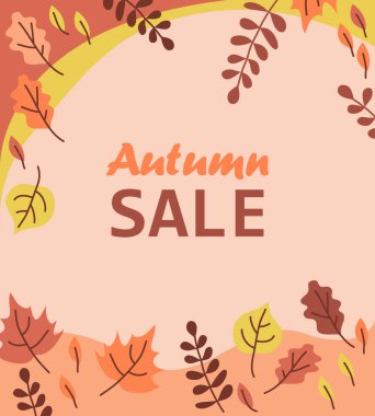 Sonbahar mevsimsel vektör arkaplan çerçevesi ya da sınırı sonbahar satışı metni ve düşmüş sonbahar yaprakları, akçaağaç, meşe ve ıhlamur dolu renkli ellerle çizilmiş. eps10 vektör illüstrasyonu