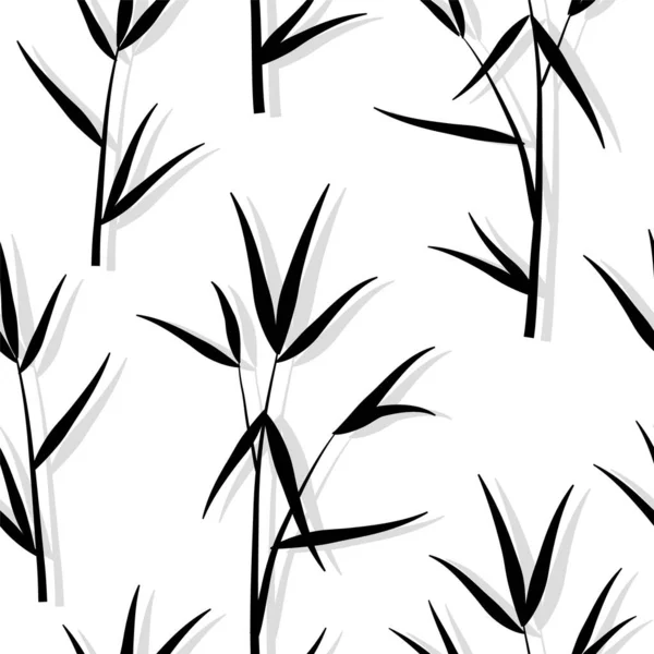Бесшовный квадратный орнаментальный узор с черными листьями бамбука и побегами ростков в японском стиле, белый фон. Векторная иллюстрация 10 — стоковый вектор